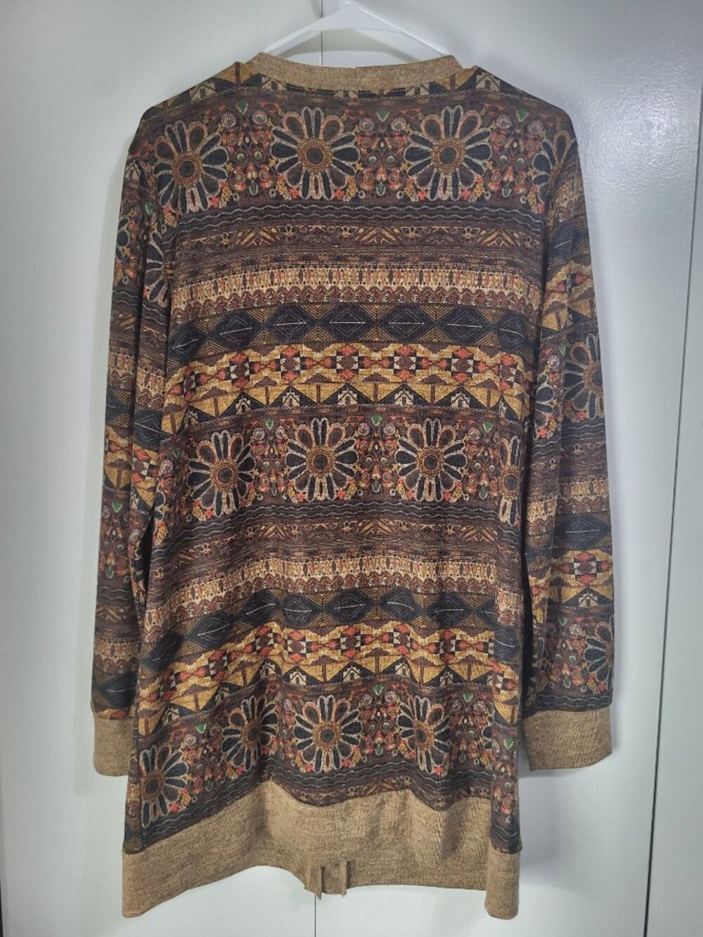 Grecerelle XL Brown Boho Tapestry Print Longline Button Front Cardigan Sweater - Picture 2 of 6